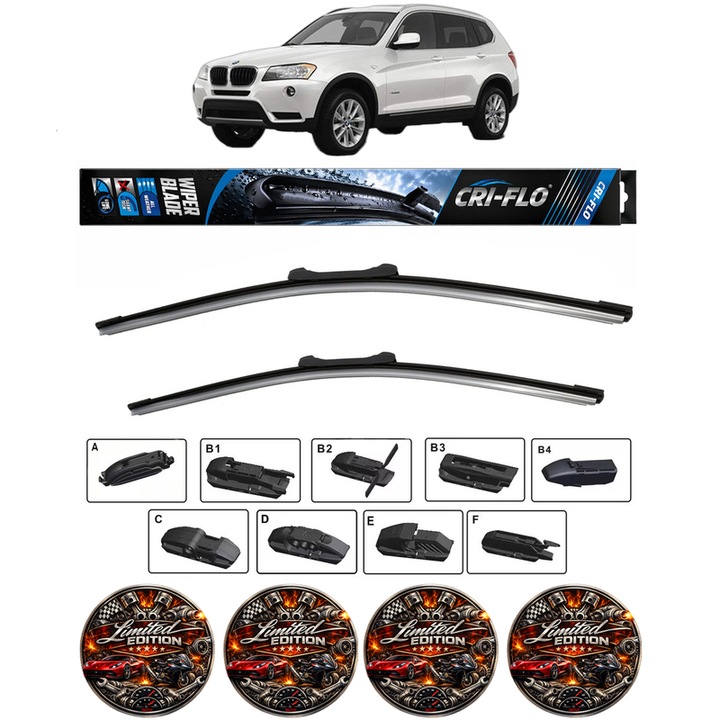 Set 2 stergatoare BMW Seria X3 (F25) din 2010-2017, pentru parbriz auto, Cri-Flo, din cauciuc siliconat rezistent, 4 Stickere Auto