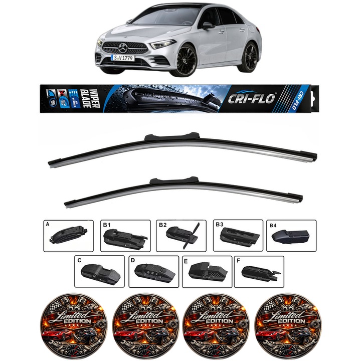 Set 2 stergatoare MERCEDES-BENZ A-CLASS Saloon (V177) din 2018-2020, pentru parbriz auto, Cri-Flo, din cauciuc siliconat rezistent, 4 Stickere Auto
