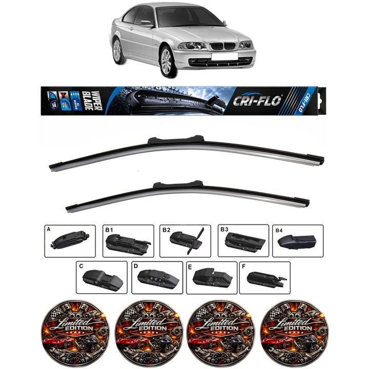 Set 2 stergatoare BMW Seria 3 (E46) din 1997-2005, pentru parbriz auto, Cri-Flo, din cauciuc siliconat rezistent, 4 Stickere Auto