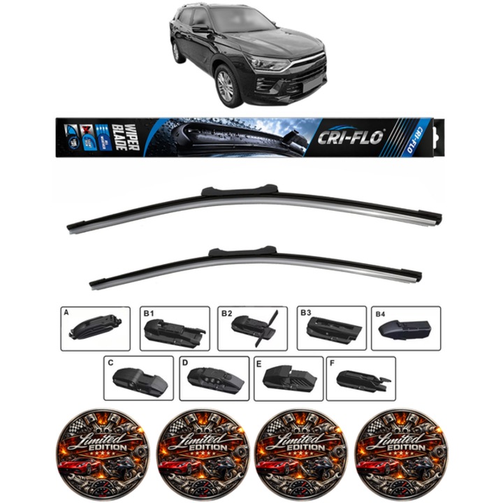 Set 2 stergatoare SSANGYONG KORANDO (C300) din 2021-2023, pentru parbriz auto, Cri-Flo, din cauciuc siliconat rezistent, 4 Stickere Auto