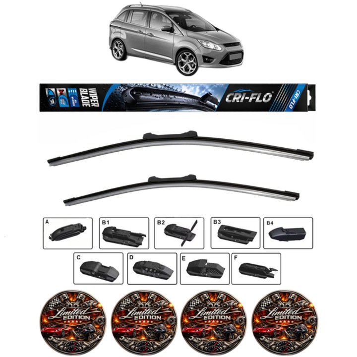 Set 2 stergatoare FORD GRAND C-MAX (DXA/CB7, DXA/CEU) din 2010-2019, pentru parbriz auto, Cri-Flo, din cauciuc siliconat rezistent, 4 Stickere Auto