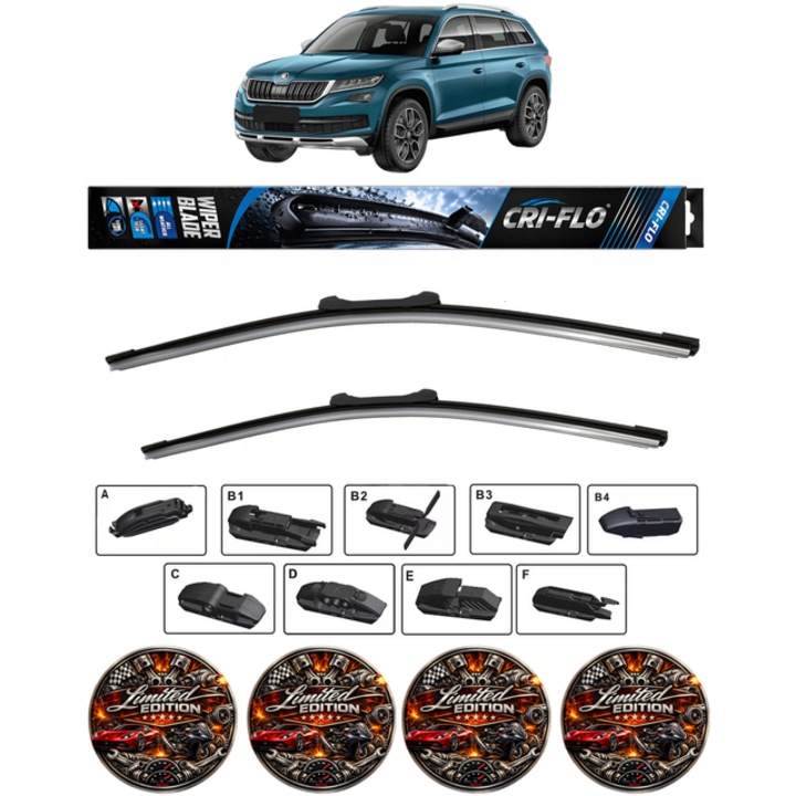 Set 2 stergatoare SKODA KODIAQ I (NS6, NS7, NV7) din 2016-2021, pentru parbriz auto, Cri-Flo, din cauciuc siliconat rezistent, 4 Stickere Auto