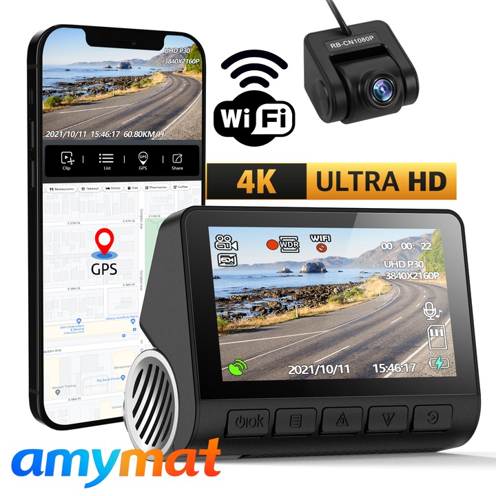 Camera Auto DVR 4K AMYMAT cu senzor SONY IMX415+GC2053 Ecran Mare de 3 inch Dual Lens (Fata + Spate) cu WiFi & GPS, Unghi 170°, Vedere Nocturna, G-Sensor, Monitorizare Parcare 24/7, Inregistrare Loop, Compatibila Android & iOS – Dash Cam Profesionala UHD