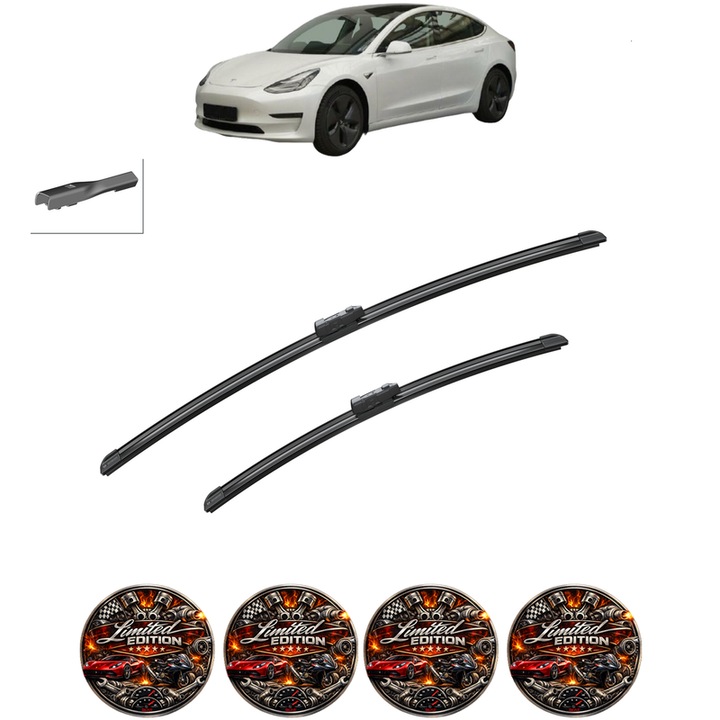 Set 2 Stergatoare TESLA MODEL 3 (5YJ3) din 2017-2025, pentru parbriz auto, Bosch Aerotwin, din cauciuc siliconat rezistent, 4 Stickere Auto