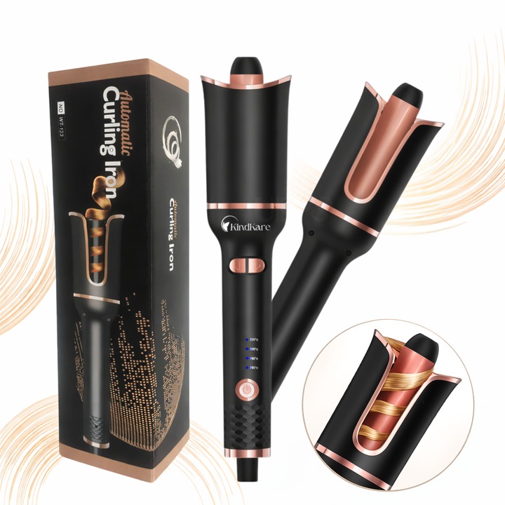 KindKare automata hajgöndörítő 360°-os forgatással, 4 hőmérsékletfokozat (160°C - 220°C), kerámia égésgátló bevonat, gyors PTC fűtés, ionizáló anti-frizz funkció, ergonomikus hordozható kialakítás, gyors formázás 4 lépésben, prémium fekete kivitel