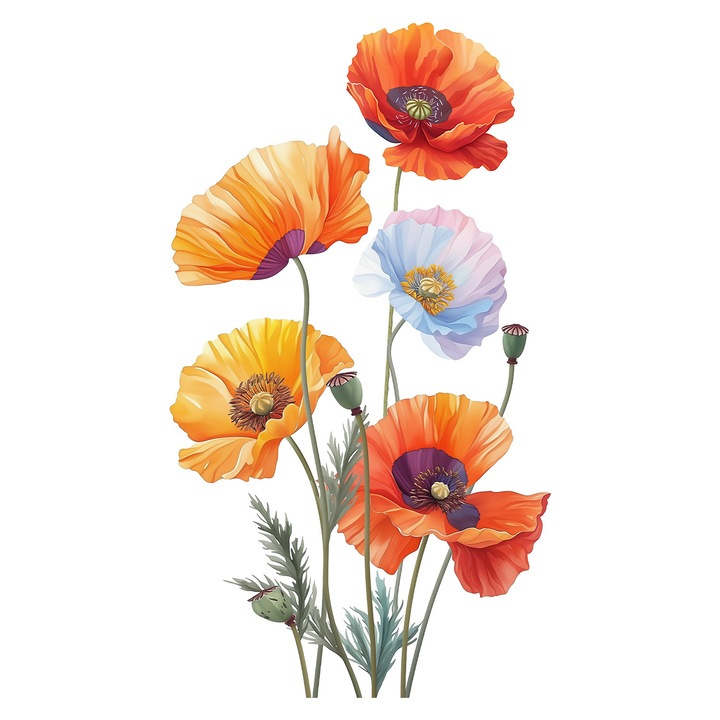 Autocolant Perete Mare PVC Maci Portocalii OLOEY®, 58x89 cm, Sticker Decorativ Floral pentru Living si Dormitor