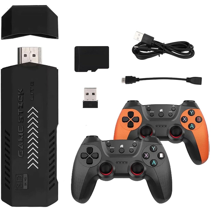 Set consola jocuri video retro, AFKSMILE, Consola jocuri tip stick, Cu 2 controler wireless 2.4G, Suport pentru 2 jucatori, 64GB, 30000 de jocuri incorporate, 4K HDMI, Pentru TV, Proiector, Monitor, ABS, Negru