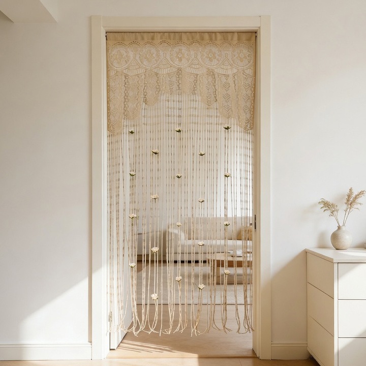 Perdea de Usa Boho din Dantela cu Franjuri si Flori 3D OLOEY®, 100x200 cm, Culoare Champagne, Decor Bohemian