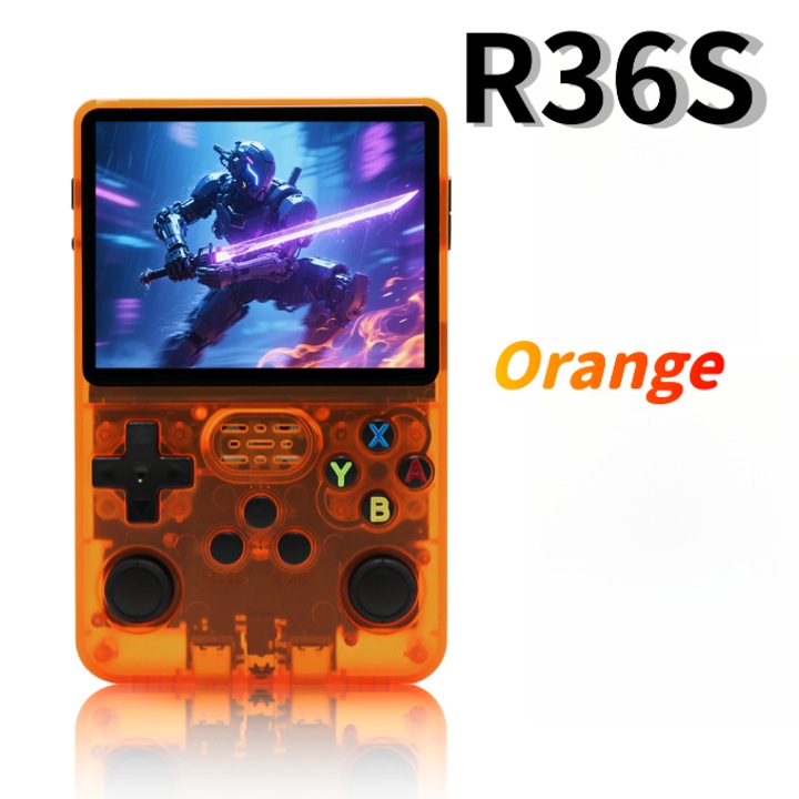 Consola Portabila de Jocuri R36S, ecran IPS 3.5", baterie 3000mAh, jocuri preinstalate - Consola de jocuri, portocalie transparenta