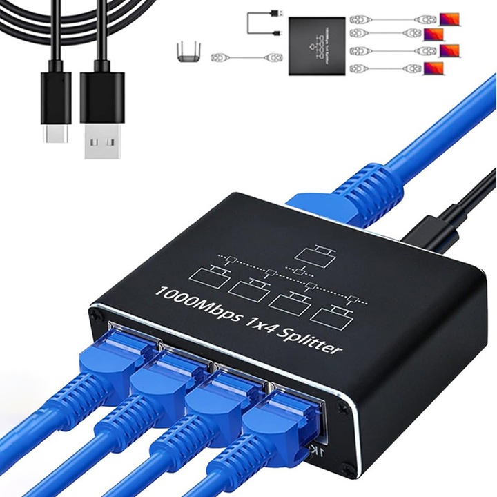 Ethernet hálózati elosztó kábel, Duueyct, RJ45 1 bemenet 4 kimenet, USB, 1000Mbps, Internet elosztó Cat5/5e/6/7/8 kábelhez, Fekete