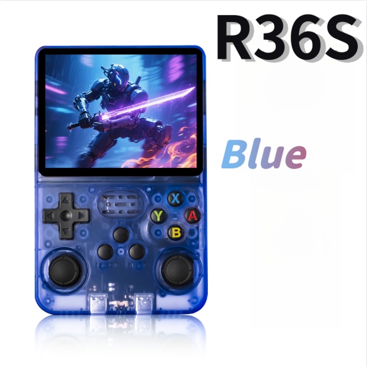 Consola Retro Portabila R36S, Ecran IPS 3.5”, Jocuri Clasice Integrate, Baterie 3000mAh – Distractie Oriunde-Consola de jocuri, albastru transparent
