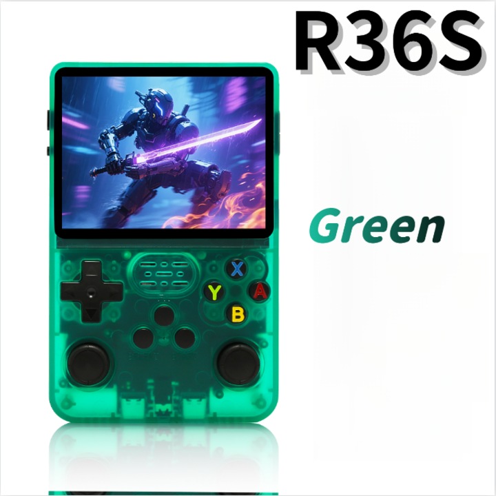 Consola Retro R36S, Ecran IPS 3,5”, Baterie 3000mAh, Jocuri Clasice Preinstalate – Retraieste Jocurile Copilariei-Consola de jocuri, verde transparent