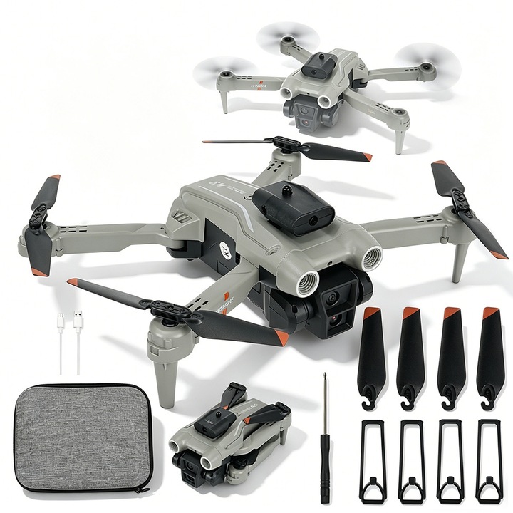 Drona pliabila 4K, Bedee, Quadcopter RC cu camera, drona FPV, transmisie live cu 3 baterii, timp lung de zbor, evitarea obstacolelor, pornire/aterizare cu o singura tasta, mod de aterizare fara cap, pentru copii, Gri
