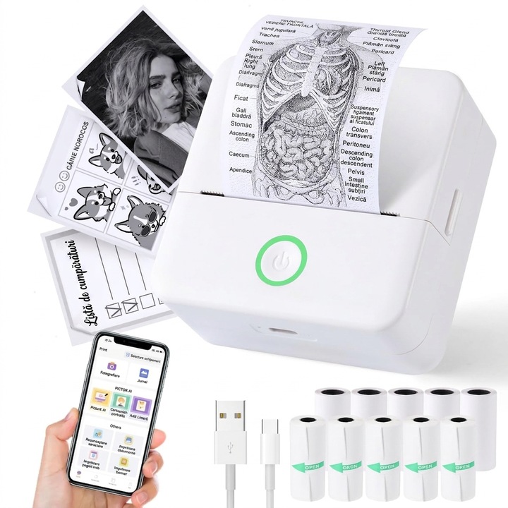 Mini Imprimanta Termica XPQKDC® Portabila, Bluetooth, Fara Cerneala, Compatibila iOS si Android, Include 10 Role (5 Termice + 5 Autocolante), pentru Etichete, Note, Fotografii si DIY, Alb