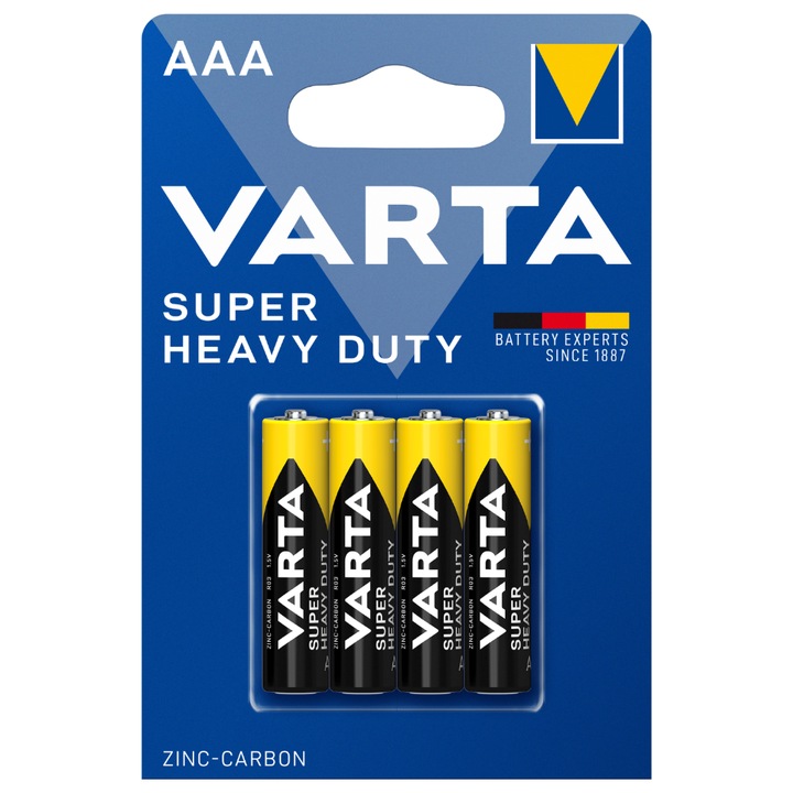 Set 4 bucati, Baterii AAA VARTA Super Heavy Duty, zinc-carbon, pentru telecomanda si ceasuri, Negru/galben, 4 x 1.5V