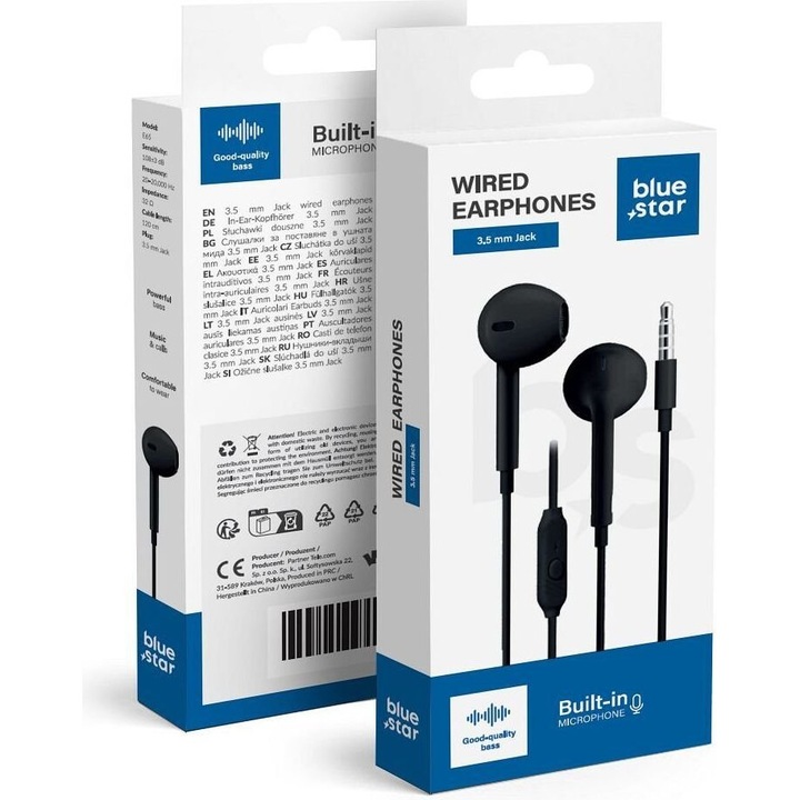 Casti cu fir Blue Star E65, microfon integrat, 120cm, negru
