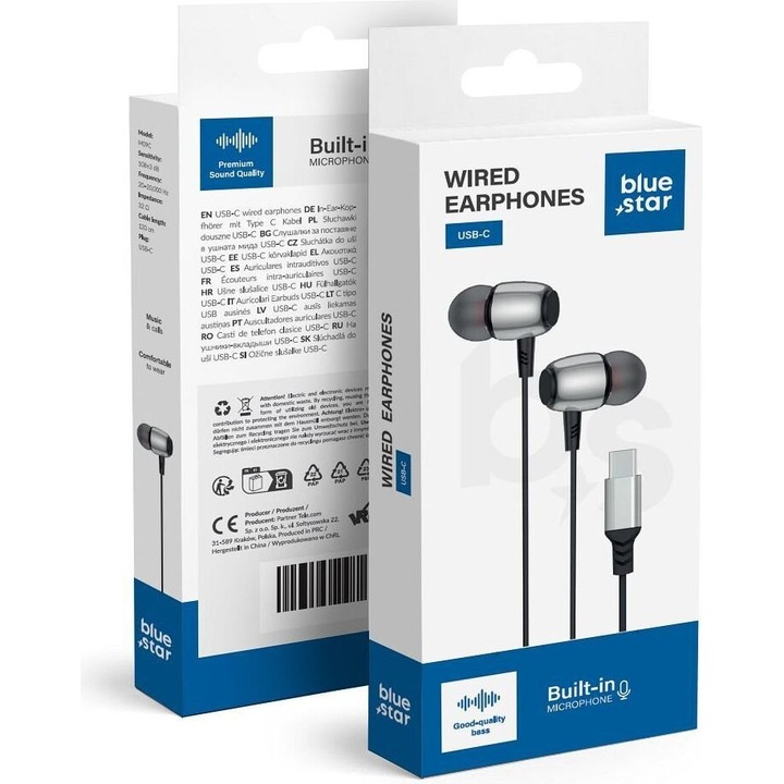 Casti cu fir Blue Star, USB-C, microfon, 120 cm, alb