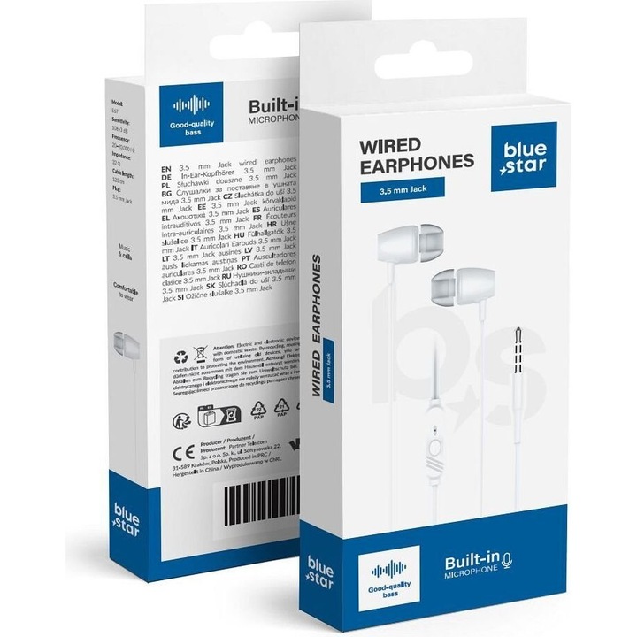 Casti cu fir Blue Star E67, microfon integrat, alb, 120cm