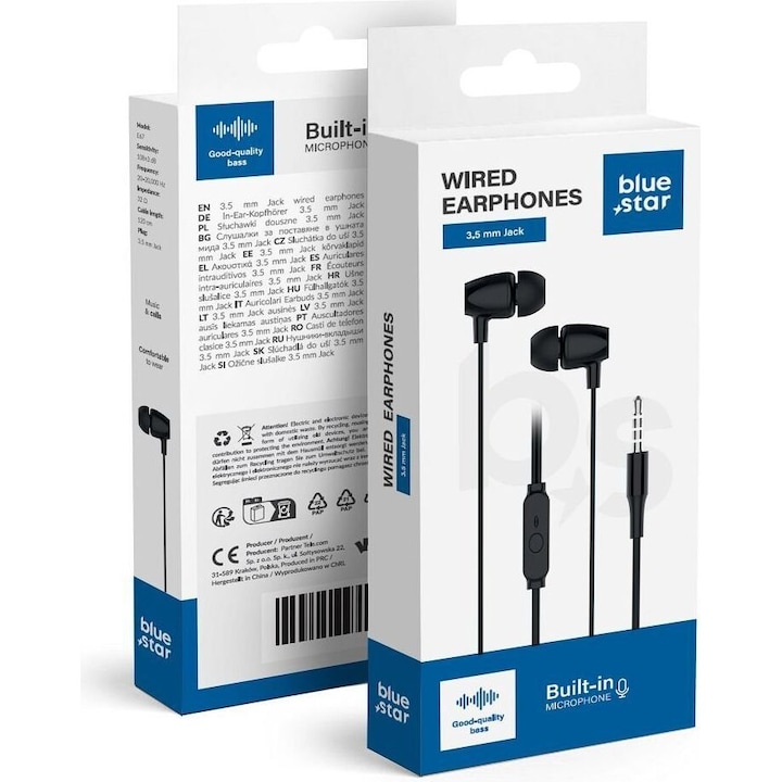 Casti cu fir Blue Star E67, microfon integrat, 120cm, metal, negru
