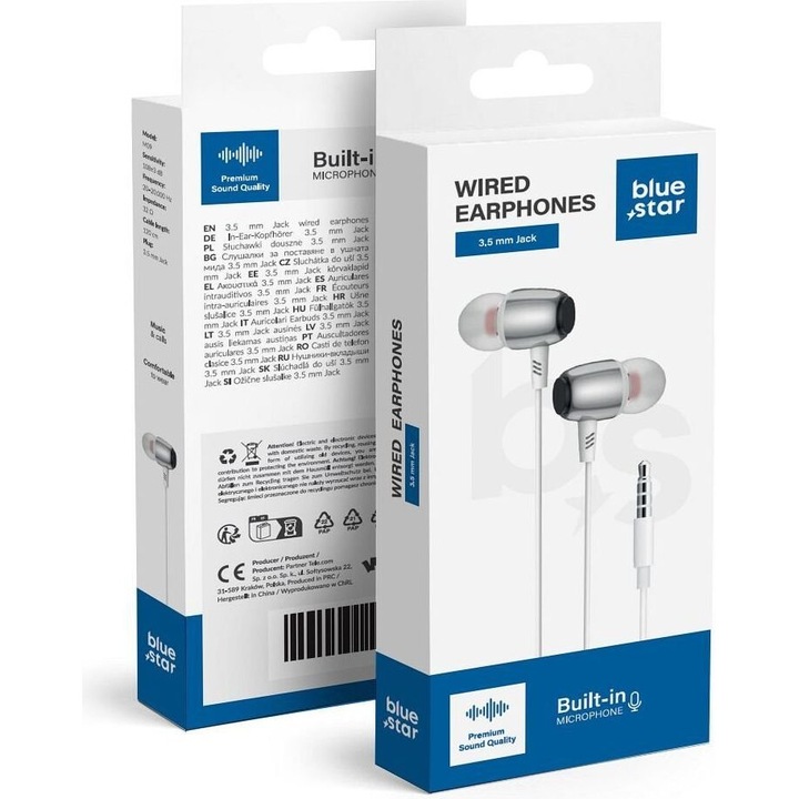 Casti cu fir Blue Star, 3.5mm, microfon, 120cm, alb
