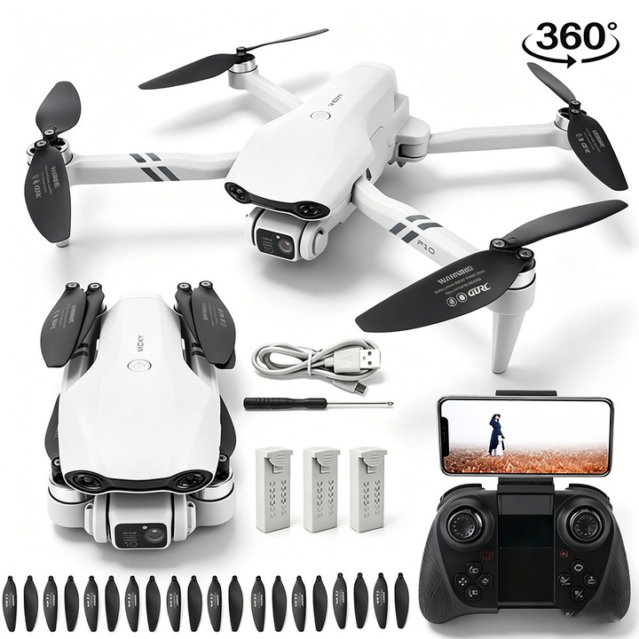 Drona pliabila, Bedee, Incarcare USB, Rotire 360°, Camera WiFi HD cu fotografie gestuala, giroscop pe 6 axe, mod hover, mod headless, pornire/aterizare cu o singura tasta, 3 Baterii si 1 Cutie de depozitare, Alb