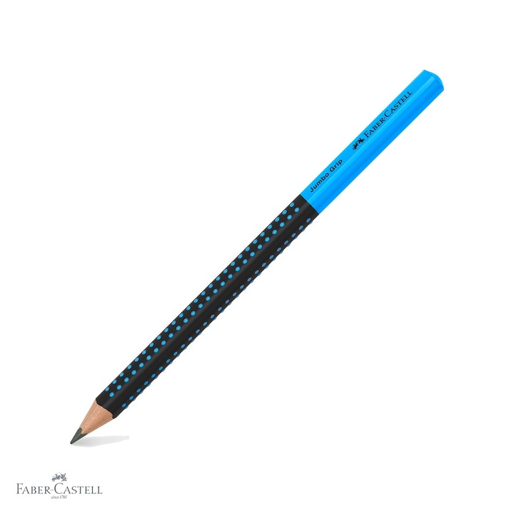 Creion grafit Faber-Castell Jumbo Grip Two Tone, mina B, forma ergonomica triunghiulara, negru-albastru