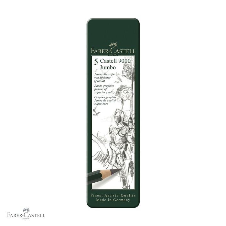 Set 5 creioane grafit Jumbo Faber-Castell Castell 9000, duritate HB-8B, pentru desen si schite