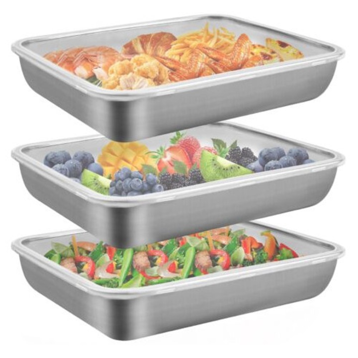 Set de 3 cutii alimentare din otel inoxidabil, capac etans, ideale pentru gatit si transport, multicolor, dimensiuni variate