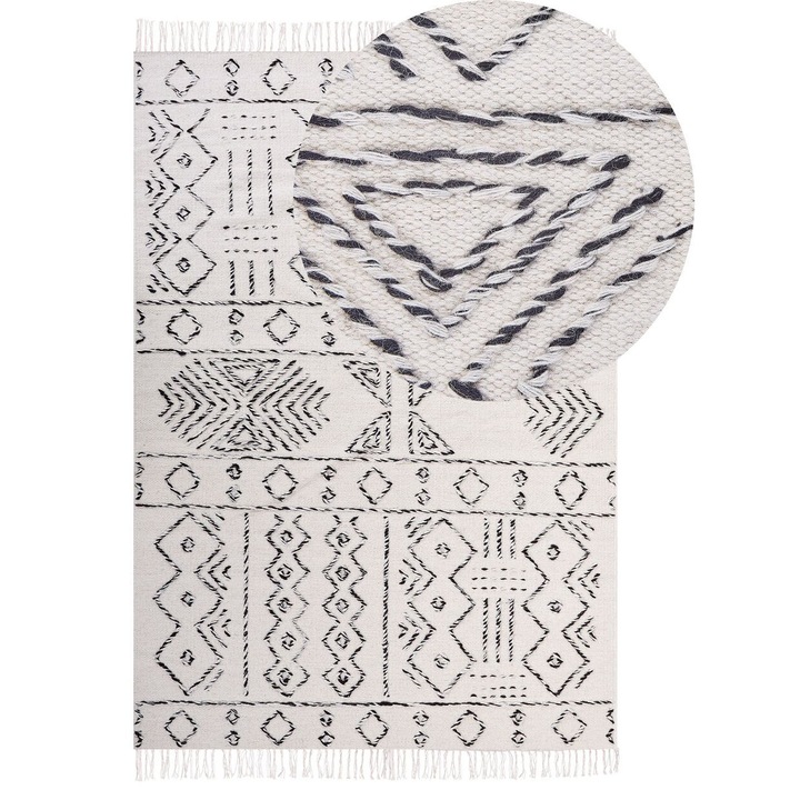 Covor rectangular alb-murdar din lana si bumbac, model aztecast, 140x200cm, Beliani