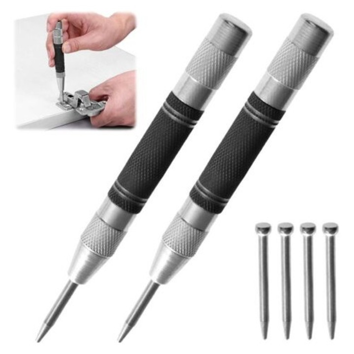 Set de 2 perforatoare automate, instrument de marcare pentru metal, sticla, lemn, 13cm, include 4 varfuri de schimb
