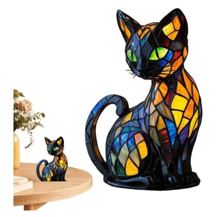Veioza Tiffany, lampa cu LED, design pisica, multicolor, 17x19.5x13cm, set 1 bucata