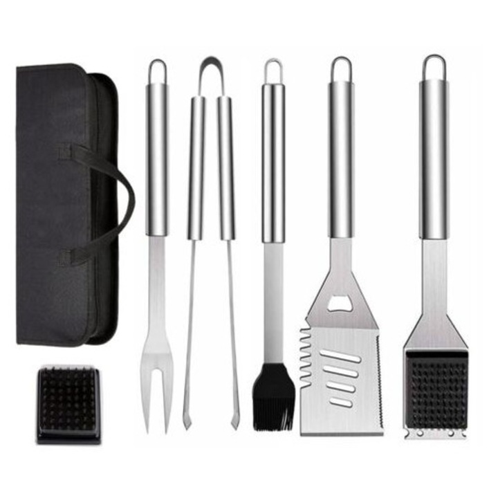 Set de ustensile pentru gratar 7 in 1, spatula, cleste, furculita, perie, geanta de transport, inox 430, multicolor