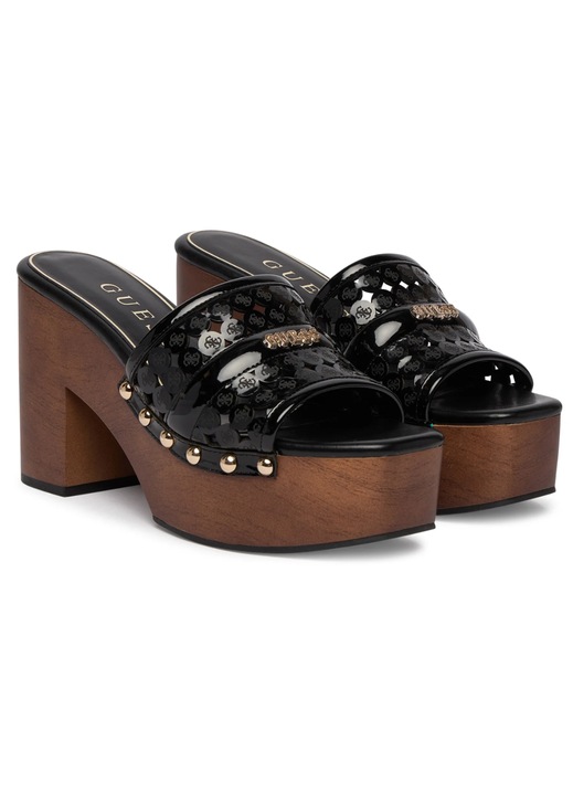 Papuci dama Guess FLJQUI PAF04, negru, piele ecologica, toc inalt 10.5 cm, platforma 5 cm, design slip-on, model monogram