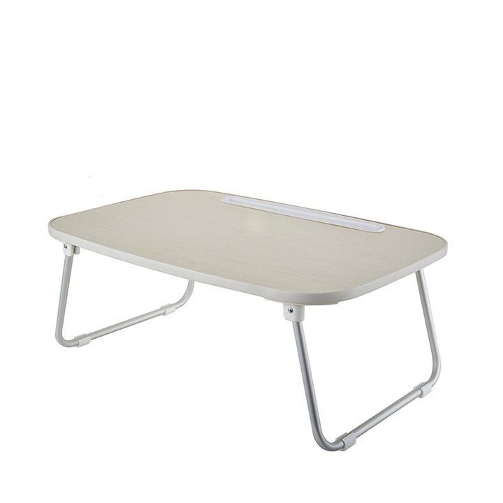 Masa pliabila pentru pat/laptop, blat 60×40 cm din lemn stratificat deschis cu suport pentru telefon/tableta, cadru metalic argintiu – birou portabil pentru canapea, podea sau calatorii – se pliaza complet (grosime doar 5-8 cm), usor de depozitat