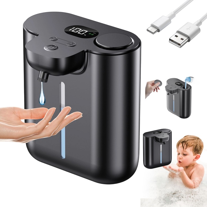 Juksun Automata szappanadagoló infravörös érzékelővel, IPX5, 500mAh akkumulátor, Type-C töltés - Konyhába, fürdőszobába, Érintésmentes, Fürdőszobába, Konyhába, Hotelbe, Kórházba, Bevásárlóközpontba, Fekete