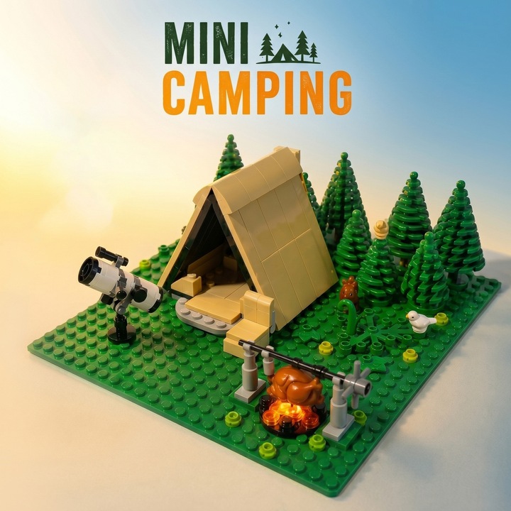 Set de constructie Excitat, camping in padure, 181 piese, Include o placa de baza cu piese de constructie, Compatibil cu Lego, Cea mai buna alegere pentru un cadou