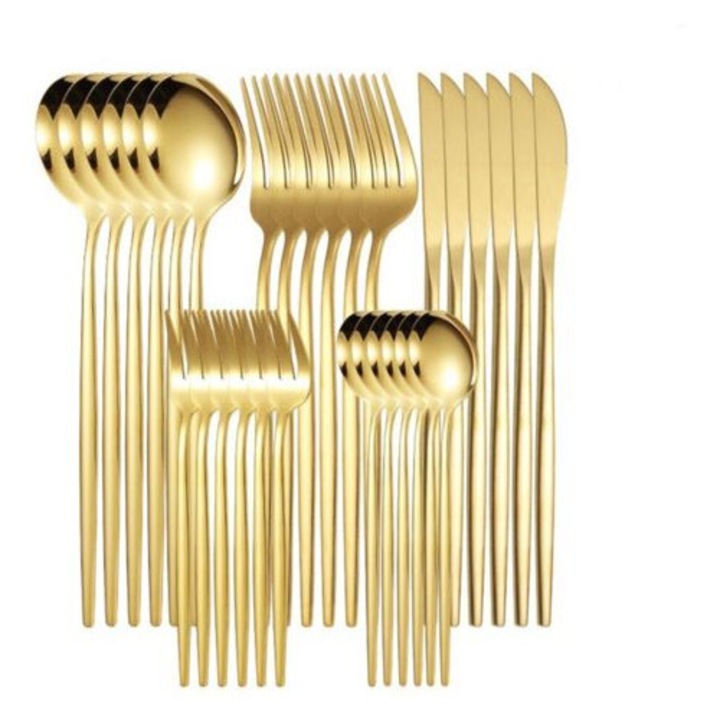 Set de tacamuri din otel inoxidabil, 30 piese, design unic, culoare aurie, dimensiune 24x2.5x11.5 cm