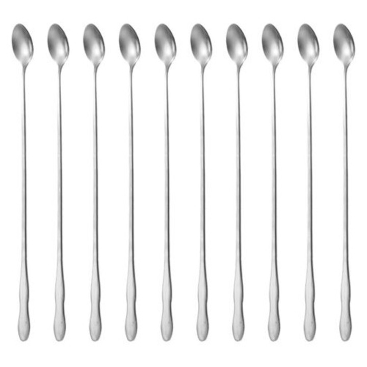 Set de 10 linguri de bar din otel inoxidabil cu maner lung 20cm, reutilizabile, pentru cocktailuri, inghetata, bauturi reci