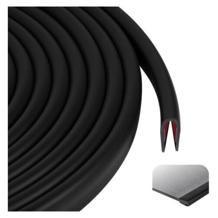 Protectie din cauciuc U, 6m, 10mm x 5mm, autoadeziv, pentru usi, feronerie, colturi mese (negru)
