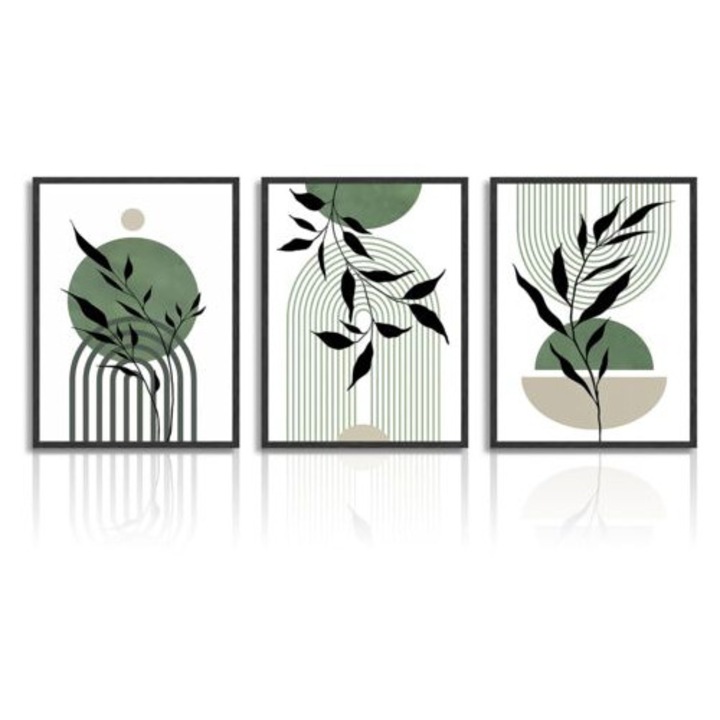 Set de 3 tablouri decorative, stil minimalist boho, imprimeu pe canvas, verde salvie, 30x40cm