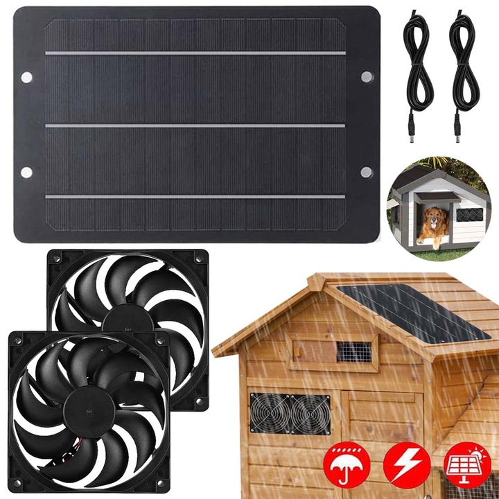 Ventilator solar portabil,10W/ 12V, set cu 2 ventilatoare, eficienta ridicata, eficienta 20%, Versiune cu energie solara, Potrivit pentru evacuarea, racirea si ventilarea cotetelor de gaini, serelor, custilor pentru caini si soproanelor