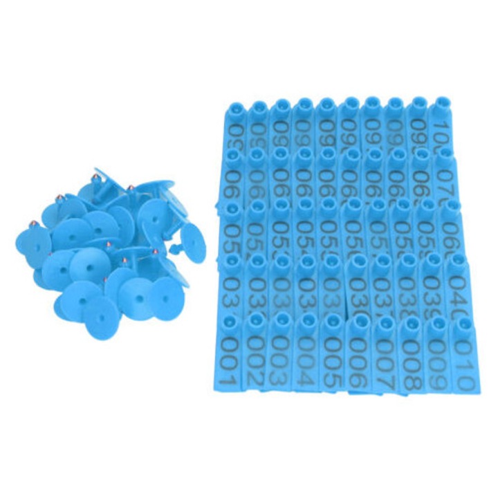 Set de 100 etichete pentru urechi numerotate 1-100, anti-cadere, culoare albastra, 5.3x1.8cm