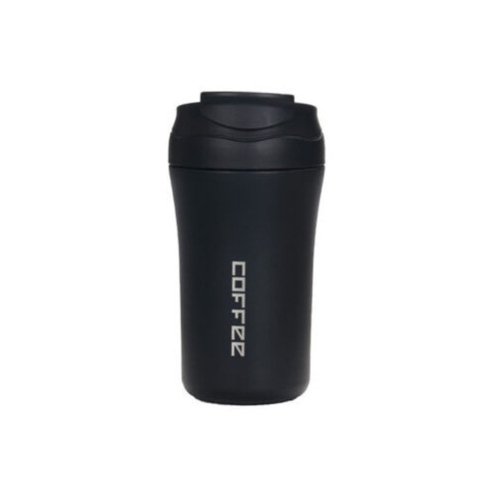 Cana termica cu pai integrat, 400 ml, neagra, dimensiuni 17.5x8cm, din otel inoxidabil, baza antiderapanta