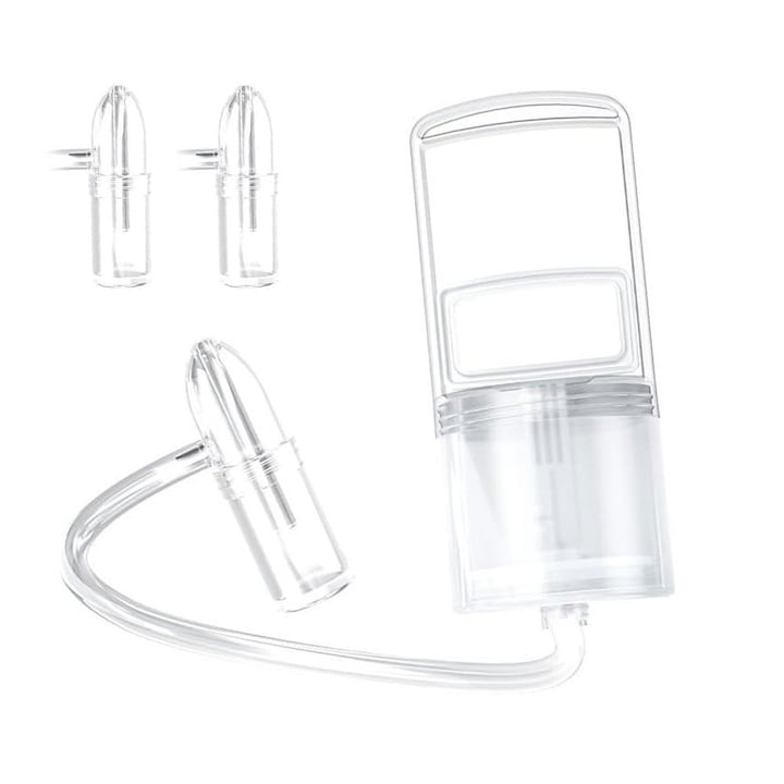Aspirator nazal manual, JESWO®, dispozitiv pentru ameliorarea congestiei nazale la nou-nascuti, transparent, 19x5cm, set cu 3 varfuri din silicon