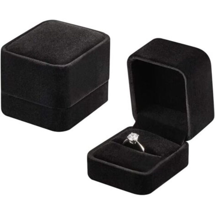 Cutie bijuterii, neagra, 50x55x45mm, din catifea vegana, pentru inel de logodna, set
