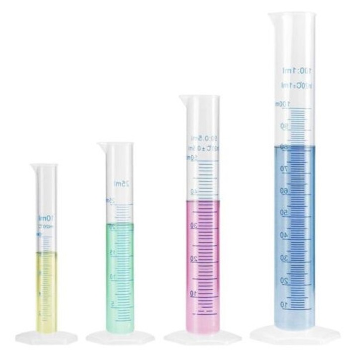 Set de 4 cilindri graduati din plastic - 10/25/50/100 ml - Ustensile de masurat pentru laboratoare si gatit
