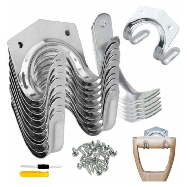 Set de 18 carlige de depozitare pentru unelte de gradina, suport din fier, montare pe perete, dimensiuni 70x60mm, ideal pentru garaj si atelier