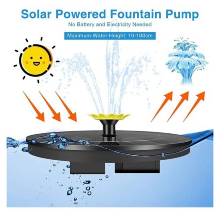 Úszó szolár szökőkút, szolár tószivattyú 5 fúvókával, 1.4W, kerti dekoráció, fekete szín, ajánlott tartály átmérő 36cm