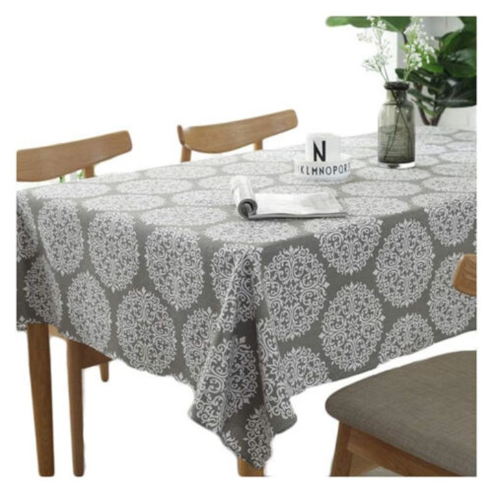 Fata de masa retro din bumbac si in, model floral gri, 100x140cm