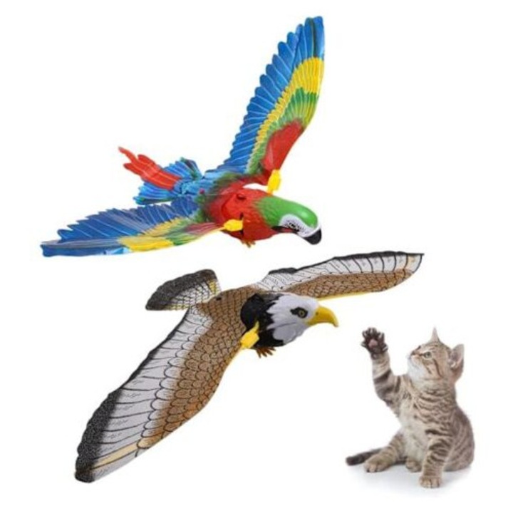 Jucarie interactiva pentru pisici, set 2 piese, design vultur, sunet realist, material polipropilena, baterii neincluse